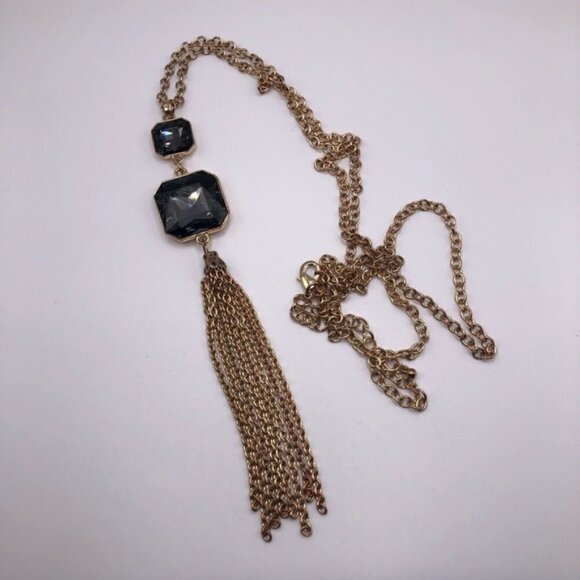 Boutique Black Stone Gold Tassel Statement Necklace - Picture 1 of 4